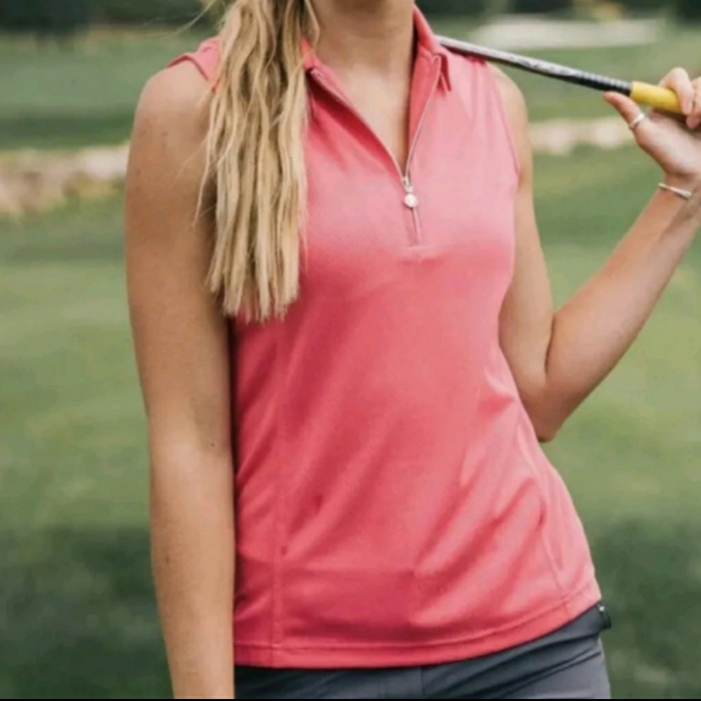 ZYIA Clubhouse Polo Medium Sleeveless Top Coral Orange Activewear Golf Tennis